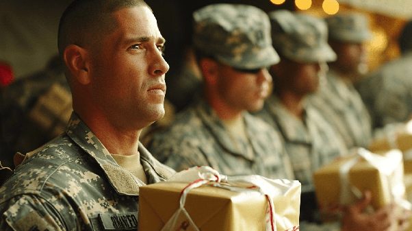 Military men are holding presents