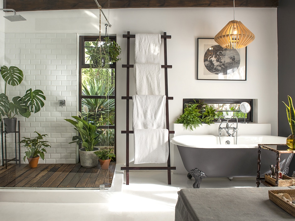 a bathroom with various green plants
